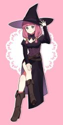 1girl alternate_costume blunt_bangs boots commission cosplay detached_collar fire_emblem fire_emblem_fates fold-over_boots hair_tubes halloween halloween_costume hat highres hime_cut knee_boots leather leather_boots legs mitama_(fire_emblem) nintendo pink_hair second-party_source waka_(wk4444) witch witch_(fire_emblem_fates) witch_(fire_emblem_fates)_(cosplay) witch_hat