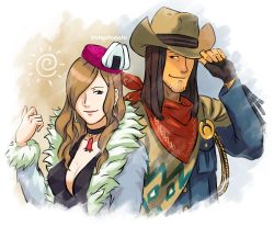 1boy 1girl ace_attorney adjusting_clothes adjusting_headwear angel_starr artist_name bandana black_eyes black_hair breasts cleavage commentary cowboy_hat earrings english_commentary facial_hair fingerless_gloves fur_trim gloves hair_over_one_eye hand_up hat highres jake_marshall jewelry long_hair long_sleeves medium_breasts ohyotomato pocket simple_background smile stubble tilted_headwear upper_body