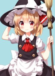 1girl apron arm_behind_head ascot black_hat black_skirt black_vest blonde_hair blue_background bow broom collared_shirt commentary cosplay cowboy_shot frilled_apron frilled_hat frills hair_ribbon hat hat_bow highres holding holding_broom kirisame_marisa kirisame_marisa_(cosplay) red_ascot red_eyes red_ribbon ribbon rumia ruu_(tksymkw) shirt short_hair short_sleeves simple_background skirt skirt_set solo touhou vest waist_apron white_apron white_bow white_shirt witch_hat