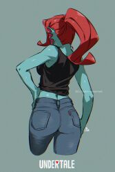 1girl black_shirt blue_pants blue_skin colored_skin copyright_name cropped_legs film_grain fins from_behind green_background hand_on_own_hip head_fins highres kamezaemon pants ponytail red_hair shirt signature sleeveless sleeveless_shirt solo undertale undyne