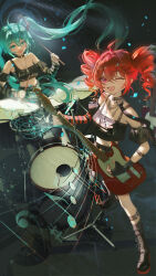 Rule 34 | 2girls, :d, ;d, aqua eyes, aqua hair, band (music), bare shoulders, bass clef, beamed eighth notes, black gloves, black shirt, crop top, dark background, drill hair, drum, drum set, eighth note, electric guitar, fingerless gloves, full body, gloves, green eyes, guitar, hair ornament, half note, hatsune miku, highres, holding, holding guitar, holding instrument, instrument, kasane teto, long hair, meizijie, midriff, multiple girls, musical note, musical staff, one eye closed, open mouth, quarter note, red eyes, red hair, shirt, short sleeves, sleeveless, sleeveless shirt, smile, standing, striped arm warmers, twin drills, twintails, utau, very long hair, vocaloid