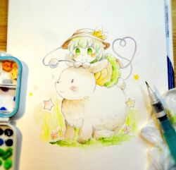 Rule 34 | 1girl, animal, art tools in frame, black hat, blush, bow, closed mouth, commentary request, eyeball, green eyes, green hair, green skirt, hat, hat bow, heart, heart of string, highres, komeiji koishi, oversized animal, photo (medium), rabbit, riding, riding animal, shiro tsugumi, shirt, skirt, smile, solo, star (symbol), third eye, touhou, traditional media, yellow bow, yellow shirt