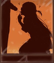 1boy 1girl breasts cum cum_string fuzzlogik hetero highres kanojo_okarishimasu kneeling large_breasts mizuhara_chizuru motion_lines nipples orange_background penis silhouette simple_background solo_focus tongue tongue_out trembling