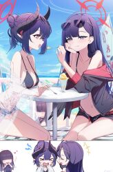 Rule 34 | + +, 3girls, absurdres, bare shoulders, bikini, black bikini, black hair, black jacket, black one-piece swimsuit, black wings, blue archive, blunt bangs, chiaki (blue archive), closed mouth, demon girl, demon horns, eyewear on head, feathered wings, feeding, food, hair bun, halo, highres, holding, holding spoon, horns, ichika (blue archive), ichika (swimsuit) (blue archive), jacket, justice task force member (blue archive), long hair, multiple girls, navel, one-piece swimsuit, open mouth, parfait, red eyes, red halo, s panda k, see-through clothes, see-through shirt, shirt, sitting, smile, spoon, stomach, sunglasses, swimsuit, whispering in ear, wings