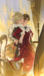 Rule 34 | 2girls, artist name, black dress, blonde hair, blue eyes, blush, box, brown hair, clothes in front, curtains, dress, english text, gift, gift box, gloves, green eyes, hair ribbon, highres, holding, holding ribbon, holding unworn clothes, holding unworn dress, indoors, long hair, long sleeves, looking at mirror, mirror, multiple girls, open mouth, original, parted bangs, parted lips, red dress, ribbon, rrr (reason), watermark, weibo watermark, white gloves, window, yuri