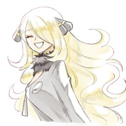 1girl ^_^ black_coat blonde_hair closed_eyes coat cynthia_(pokemon) facing_viewer fur_collar grin hair_ornament hair_over_one_eye long_hair long_sleeves nintendo pokemon pokemon_dppt smile solo upper_body very_long_hair wanderjegson