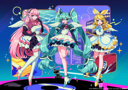 Rule 34 | 3girls, angel wings, aqua eyes, aqua hair, black gloves, blonde hair, blue eyes, bow, city, city lights, dress, elbow gloves, frills, gloves, hair between eyes, hair bow, hair ornament, hairclip, hatsune miku, headphones, highres, kagamine rin, kisumi rei, long hair, looking at viewer, maid, megurine luka, multicolored gloves, multiple girls, open mouth, phonograph, pink hair, purple eyes, short hair, skirt, smile, thighhighs, twintails, unconventional maid, very long hair, vinyl record, vocaloid, white wings, wings