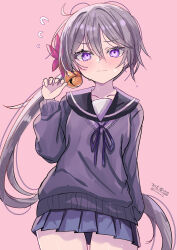1girl absurdres ahoge akebono_(kancolle) akebono_(valentine)_(kancolle) bell bikini blue_sailor_collar blue_skirt blue_sweater embarrassed flower flying_sweatdrops grey_hair hair_bell hair_between_eyes hair_flower hair_ornament highres hizaka jingle_bell kantai_collection long_hair pink_background pleated_skirt purple_eyes sailor_collar school_uniform serafuku side-tie_bikini_bottom side_ponytail simple_background skirt solo sweater swimsuit very_long_hair