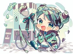 1girl :d black_bow blush_stickers boots bow chibi chibi_only commentary fang full_body green_eyes green_hair green_jacket highres holding holding_spoon jacket long_sleeves looking_at_viewer mint_chocolate notamaru_2 open_mouth original short_hair skirt smile solo spoon v-shaped_eyebrows white_boots white_skirt