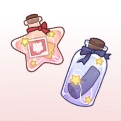 absurdres artist_name blue_bow bow gradient_background highres infinity_nikki jar kokoneakita momo_(nikki) nikki_(series) no_humans object_focus photo_(object) red_background red_bow scroll silhouette star_(symbol) watermark white_background