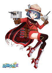 Rule 34 | 1girl, ;d, belt, belt buckle, black thighhighs, blue hair, blush, bottomless, brown gloves, buckle, buttons, cannon, cape, copyright name, female focus, full body, gloves, green eyes, haida (warship girls r), hair ornament, hairclip, hat, holding, holding weapon, jacket, jiaoshouwen, lifebuoy, long sleeves, looking at viewer, mountie, no pants, official art, one eye closed, open mouth, police, propeller, red jacket, royal canadian mounted police, rudder footwear, ship turret, short hair, smile, smokestack, solo, swim ring, thighhighs, torpedo, warship girls r, weapon, white background