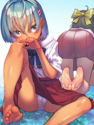 2girls all_fours ass bare_legs barefoot blue_hair blue_ribbon brown_hair covering_own_mouth feet female_focus foot_out_of_frame hair_ornament hair_ribbon hairclip highres knee_up looking_at_viewer multiple_girls neck_ribbon original paid_reward_available panties pantyshot pleated_skirt red_skirt ribbon school_uniform shirt shirt_tucked_in short_hair short_sleeves sitting skirt soles soon_(c-u-soon) spread_legs thighs toes underwear variant_set white_panties white_shirt yellow_ribbon