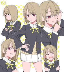 &gt;_&lt; 1girl annoyed black_jacket bob_cut border brown_hair collared_shirt commentary crossed_arms crying crying_with_eyes_open hand_on_own_hip haruruhaharur highres jacket long_sleeves looking_at_viewer love_live! love_live!_nijigasaki_high_school_idol_club multiple_views nakasu_kasumi neck_ribbon nijigasaki_school_uniform outside_border polka_dot polka_dot_background red_eyes ribbon school_uniform shirt short_hair skirt sweater symbol-only_commentary tears white_border white_shirt white_skirt wiping_tears yellow_ribbon yellow_sweater