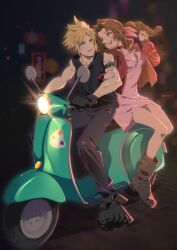 1boy 1girl aerith_gainsborough alternate_costume aqua_eyes arm_belt artist_name bare_shoulders black_footwear black_hoodie black_pants blonde_hair blurry blurry_background boots braid braided_ponytail breasts brown_footwear brown_hair chain chain_necklace charm_(object) choker cleavage cloud_strife couple cropped_jacket dress final_fantasy final_fantasy_vii final_fantasy_vii_rebirth final_fantasy_vii_remake full_body goku-chan green_eyes hair_ribbon headlight_beam hetero highres holding_another&#039;s_arm hood hood_down hoodie jacket jewelry light_blush long_hair long_sleeves medium_breasts moogle moped motor_vehicle necklace open_mouth pants parted_bangs pink_dress pink_ribbon red_choker red_jacket ribbon riding short_dress short_hair sidelocks single_braid sleeveless sleeveless_hoodie smile spiked_hair sticker tonberry wavy_hair