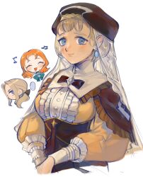 1boy 2girls annette_fantine_dominic annette_fantine_dominic_(timeskip) blonde_hair blue_eyes breasts brown_hat dress earrings fire_emblem fire_emblem:_three_houses frilled_dress frills hat highres jeritza_von_hrym jewelry large_breasts medium_breasts mercedes_von_martritz mercedes_von_martritz_(timeskip) mochako_(motyako_1005) multiple_girls nintendo solo_focus yellow_dress