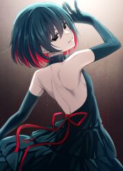 1girl 2025 absurdres backless_dress backless_outfit black_choker black_dress black_eyes black_gloves black_hair choker closed_mouth dated dress elbow_gloves gloves hair_between_eyes highres light_rays looking_at_viewer looking_back manimani_(mani_ma) monogatari_(series) oshino_ougi short_hair sleeveless sleeveless_dress smile solo