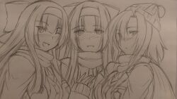 Rule 34 | 3girls, ainu clothes, akenami yasutaka, alternate costume, blush, breasts, dual persona, fingerless gloves, gloves, hair ribbon, hand on own chest, highres, large breasts, long hair, looking at viewer, monochrome, multiple girls, murasaki nakoruru, nakoruru, one eye closed, open mouth, rera, ribbon, samurai spirits, scarf, school uniform, short hair, sketch, snk, solo, the king of fighters, the king of fighters xiv, traditional media, wink