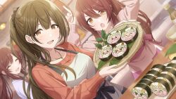 Rule 34 | apron, bottle, bowl, brown hair, closed eyes, earrings, food, game cg, highres, holding, idolmaster, idolmaster shiny colors, idolmaster shiny colors song for prism, jewelry, kuwayama chiyuki, leaf, necklace, official art, orange eyes, osaki amana, osaki tenka, ponytail, red hair