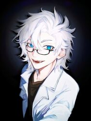 1boy black-framed_eyewear black_background blue_eyes brown_shirt chinese_commentary commentary_request glasses hair_between_eyes highres kanou_aogu lab_coat male_focus mo_yixia_zenmele open_clothes open_mouth saibou_shinkyoku shirt short_hair smile solo upper_body v-neck variant_set white_hair