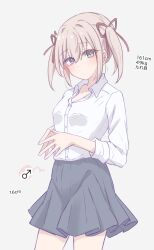 1boy black_skirt bow breasts brown_eyes brown_hair collared_shirt english_text grey_background hair_bow hair_ornament highres long_sleeves original own_hands_together school_uniform shirt simple_background skirt sleeves_rolled_up small_breasts tofu_thunder trap twintails white_shirt