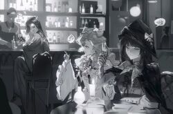 Rule 34 | 2others, 3girls, :d, arm on table, bandaged hand, bandages, bar (place), bar stool, bartender, bottle, bow, candle, cape, closed eyes, closed mouth, counter, cup, dress, drinking glass, fire, gloves, greyscale, hair bow, hand up, hat, highres, holding, holding another&#039;s arm, holding cup, indoors, long dress, long hair, looking at another, looking back, looking to the side, lorelei (reverse:1999), monochrome, multiple girls, multiple others, neckerchief, open mouth, pointing, pointing at another, profile, reverse:1999, round table, semmelweis (reverse:1999), shelf, sitting, smile, speech bubble, spoken squiggle, squiggle, stool, table, tanyaf2022, tricorne, turning head, valentina (reverse:1999), wide sleeves, wine bottle