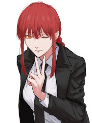 1girl absurdres black_coat black_necktie chainsaw_man coat collared_shirt commentary_request highres long_hair makima_(chainsaw_man) nabe92213 necktie one_eye_closed parted_lips red_hair ringed_eyes shirt sidelocks solo v white_shirt yellow_eyes