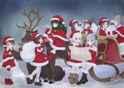 6+girls aoshima_sakana black_footwear black_hair blunt_bangs boots breath brown_footwear brown_hair capelet christmas dress fubuki_(kancolle) fur_trim green_scarf grey_hair hair_ribbon hat hatsuyuki_(kancolle) headgear holding holding_sack isonami_(kancolle) kantai_collection knee_boots long_hair mittens miyuki_(kancolle) multiple_girls murakumo_(kancolle) night outdoors pantyhose ponytail red_capelet red_dress red_headwear red_ribbon reindeer ribbon riding sack santa_costume santa_hat scarf shirakumo_(kancolle) shirayuki_(kancolle) short_hair short_twintails sidelocks sleigh snow snowing thighhighs twintails uranami_(kancolle) usugumo_(kancolle) white_mittens