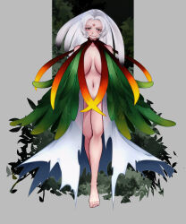 1girl absurdres aoshima barefoot black_eyes blush breasts breasts_apart commentary_request forehead forehead_tattoo full_body grey_background grin highres houjuu_chimi large_breasts leaf_clothing looking_at_viewer navel skirt smile solo standing touhou white_hair white_skirt