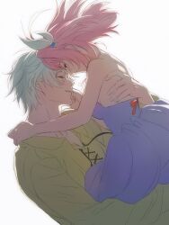 Rule 34 | 1boy, 1girl, alternate costume, breasts, carrying, carrying person, commentary request, cyrene (honkai: star rail), dress, green shirt, hair ornament, hand on another&#039;s back, highres, honkai: star rail, honkai (series), phainon (honkai: star rail), pink hair, puricha, purple dress, shirt, short hair, simple background, small breasts, tears, white background, white hair