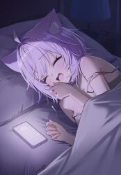 absurdres ahoge ai_(u_e_o_o) animal_ears bare_shoulders camisole cat_ears cat_girl cellphone closed_eyes commentary_request crossed_bangs double_strap_slip grey_camisole hair_between_eyes head_on_pillow highres hololive laughing lying nekomata_okayu nekomata_okayu_(membership) official_alternate_costume on_bed on_side open_mouth phone pillow purple_hair short_hair smartphone swept_bangs under_covers virtual_youtuber