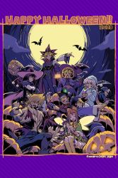 2girls 6+boys artist_name ascot bakura_ryou black_hair blonde_hair brother_and_sister brown_hair candy candy_cane claws closed_eyes closed_mouth commentary food halloween halloween_costume happy_halloween hat highres holding holding_lantern honda_hiroto jack-o&#039;-lantern jonouchi_katsuya lantern long_hair long_sleeves mazaki_anzu multiple_boys multiple_girls muto_yugi one_eye_closed open_mouth otogi_ryuuji pants purple_pants purple_ribbon ribbon scarf shizuka_kawai siblings smile soya_(sys_ygo) teeth tongue vest witch_hat yami_bakura yami_yugi yu-gi-oh! yu-gi-oh!_duel_monsters