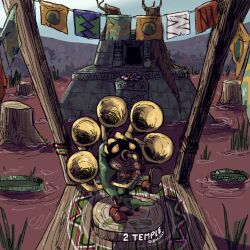 1boy banner blonde_hair boots deku_link deku_scrub flower full_body gloves gus_uur hat instrument lily_pad link music nintendo orange_eyes outdoors playing_instrument solo the_legend_of_zelda the_legend_of_zelda:_majora&#039;s_mask tree_stump tunic water weeds woodfall_temple