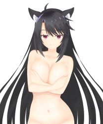 Rule 34 | 1girl, absurdres, ahoge, animal ear fluff, animal ears, armpit crease, black hair, breasts, cleavage, closed mouth, collarbone, commentary, completely nude, covering breasts, covering privates, cowboy shot, crossed arms, curvy, eyelashes, grabbing own breast, groin, hair down, highres, hoshikawa kaguya, large breasts, long hair, navel, nude, out-of-frame censoring, red eyes, seductive smile, simple background, smile, smug, solo, stomach, straight hair, swept bangs, tenshi souzou re-boot!, very long hair, white background, wolf ears, wolf girl, yoru yanase
