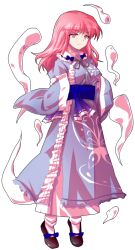 1girl alphes_(style) blue_bow blue_sash bow breasts butterfly_print_kimono closed_mouth commentary_request dairi floating frills full_body hitodama japanese_clothes large_variant_set long_hair long_sleeves medium_breasts parody pink_eyes saigyouji_yuyuko sash shoes solo standing style_parody tachi-e touhou transparent_background variant_set wide_sleeves wink_hair
