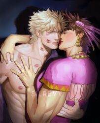 2boys battle_tendency blonde_hair brown_hair caesar_anthonio_zeppeli closed_mouth commentary crossdressing dress earrings english_commentary facial_mark green_eyes hair_ornament highres jewelry jojo_no_kimyou_na_bouken joseph_joestar joseph_joestar_(tequila) joseph_joestar_(young) kiss lipstick_mark makeup male_focus multiple_boys muscular muscular_male nipples official_alternate_costume pectorals pink_dress red_lips short_sleeves silrevv topless_male watermark yaoi