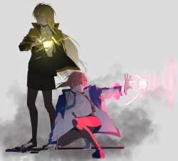 Rule 34 | 2girls, black jacket, blonde hair, brown hair, energy ball, fate testarossa, highres, jacket, kaichan2536, lyrical nanoha, mahou shoujo lyrical nanoha exceeds: gun blaze vengeance, multiple girls, necktie, pantyhose, ponytail, raising heart, skirt, takamachi nanoha, white jacket