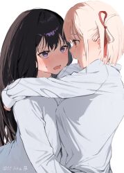 artist_request black_hair blonde_hair blush breast_press commentary commission english_commentary eye_contact hair_ribbon highres hug inoue_takina long_hair long_sleeves looking_at_another lycoris_recoil nishikigi_chisato one_eye_closed open_mouth purple_eyes red_eyes red_ribbon ribbon saliva saliva_trail second-party_source shirt short_hair sweat white_shirt yuri