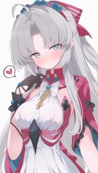1girl ahoge black_gloves blush breasts carlotta_(wuthering_waves) closed_mouth commentary dress gloves grey_background grey_eyes grey_hair highres hone_kawa long_hair looking_at_viewer medium_breasts simple_background smile solo variant_set white_dress wuthering_waves