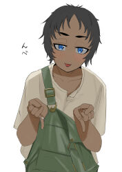 Rule 34 | 1girl, absurdres, black hair, blue eyes, blush, dark-skinned female, dark skin, green overalls, highres, hihihihihip5p5r, jewelry, looking at viewer, original, overalls, pinky out, ring, short hair, simple background, tomboy, tongue, tongue out, white background