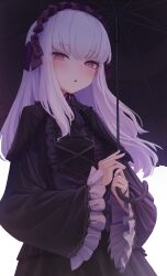 1girl :o absurdres alternate_costume black_dress black_umbrella blush commentary_request dokon dress fire_emblem fire_emblem:_three_houses frilled_sleeves frills gothic_lolita highres holding holding_umbrella lolita_fashion long_hair looking_at_viewer lysithea_von_ordelia nintendo parasol solo umbrella white_hair wide_sleeves