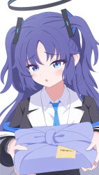 1girl :o absurdres black_halo black_jacket blue_archive blue_necktie blush commentary_request fortysansan gift halo highres holding holding_gift jacket long_hair looking_at_viewer mechanical_halo necktie purple_eyes purple_hair shirt simple_background solo twintails white_background white_jacket white_shirt yuuka_(blue_archive)