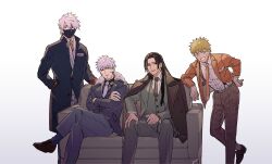 4boys blonde_hair blue_eyes brothers brown_hair closed_mouth coat coat_on_shoulders commentary_request couch crossed_arms crossed_legs facial_mark formal_clothes grey_hair grin hair_between_eyes hand_in_pocket hatake_kakashi highres jacket long_hair long_sleeves looking_at_viewer male_focus mask mouth_mask multiple_boys naruto_(series) naruto_shippuuden necktie pants passion07253741 senju_hashirama senju_tobirama short_hair siblings sitting smile spiked_hair uzumaki_naruto whisker_markings white_background