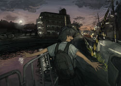 1girl absurdres anko1127 backpack bag black_bag black_eyes black_hair black_skirt building canal car city cloud cloudy_sky cowboy_shot dusk gradient_sky half-closed_eyes highres lamppost looking_at_viewer looking_back motor_vehicle open_mouth original outdoors outstretched_arms pleated_skirt power_lines profile railing reflection reflective_water road scenery school_uniform shirt short_hair short_sleeves sidewalk skirt sky smile solo spread_arms standing urban water white_shirt
