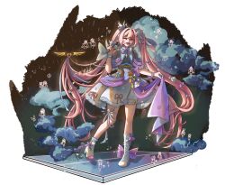 1girl absurdres alternate_costume alternate_hairstyle aqua_boots aqua_dress boots bow bowtie chinese_commentary commentary_request diamond-shaped_pupils diamond_(shape) dress elf elysia_(herrscher_of_human:_ego)_(honkai_impact) elysia_(honkai_impact) full_body high_heel_boots high_heels highres holding holding_microphone honkai_(series) honkai_impact_3rd idol long_hair microphone one_eye_closed open_mouth pointy_ears purple_bow purple_bowtie purple_eyes smoke solo stage symbol-shaped_pupils thighs twintails very_long_hair white_background xiao_nian_an