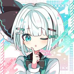 Rule 34 | 1girl, ;o, black bow, black bowtie, black hairband, blunt bangs, blush, bow, bowtie, commentary request, dot nose, finger to face, green eyes, green vest, grey hair, hair ornament, hairband, hairclip, highres, konpaku youmu, light blush, long sleeves, looking at viewer, one eye closed, outline, shirocha tei, shirt, short hair, solo, touhou, twitter username, upper body, vest, white outline, white shirt