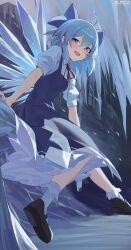 1girl :d absurdres black_footwear blue_bow blue_dress blue_eyes blue_hair bow cirno dress hair_bow highres ice ice_wings open_mouth pinafore_dress re_naya shirt sleeveless sleeveless_dress smile socks solo touhou white_shirt white_socks wings