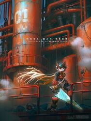 Rule 34 | 1boy, armor, battle damage, black eyes, blonde hair, copyright name, energy sword, full body, helmet, highres, holding, holding sword, holding weapon, long hair, male focus, mega man (series), mega man zero (series), missing commentary, noinoichebura, red armor, red helmet, solo, sword, weapon, z saber, zero(z) (mega man), zero (mega man)