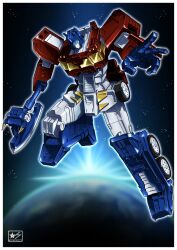 1boy absurdres autobot axe blue_eyes character_request copyright_request highres holding holding_axe holding_weapon insignia looking_at_viewer mecha no_humans optimus_prime optimus_prime_(wild_king) robot samhoshi7 science_fiction solo transformers transformers_wild_king weapon