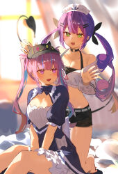 2girls absurdres anchor_print bibi_(tokoyami_towa) black_bra black_ribbon black_shorts black_tail blue_bow blue_dress blue_hair blush bow bra breasts cleavage collarbone commentary cosplay curly_hair dress green_eyes hair_ribbon highres hololive long_hair maid maid_headdress minato_aqua minato_aqua_(1st_costume) minato_aqua_(cosplay) multicolored_hair multiple_girls nagiushi open_mouth pink_eyes pink_hair purple_hair ribbon shirt short_sleeves shorts smile streaked_hair thighs tokoyami_towa tokoyami_towa_(1st_costume) tokoyami_towa_(cosplay) twintails two-tone_hair underwear virtual_youtuber white_shirt