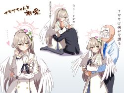 1boy 1girl arms_around_neck bald black_neckerchief black_pantyhose blue_archive blue_shirt brown_hair closed_eyes closed_mouth doodle_sensei_(blue_archive) dress flower gesupi_(provlemsolver57) hair_flower hair_ornament halo heart hetero highres hugging_object kneeling long_hair long_sleeves looking_at_viewer multiple_views nagisa_(blue_archive) neckerchief open_mouth pantyhose paper_on_head red_halo sensei_(blue_archive) shirt sitting smile translation_request white_dress white_flower white_wings wings yellow_eyes